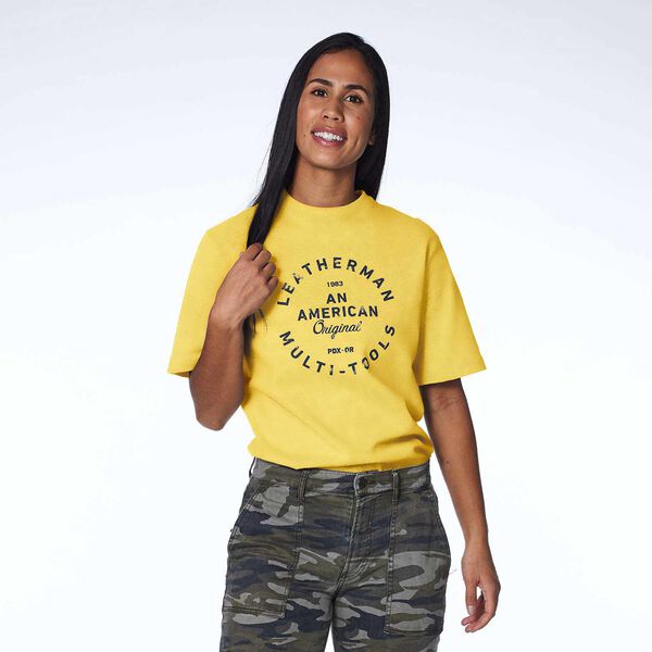 Yellow short sleeve T-Shirt with heritage badge on a model front