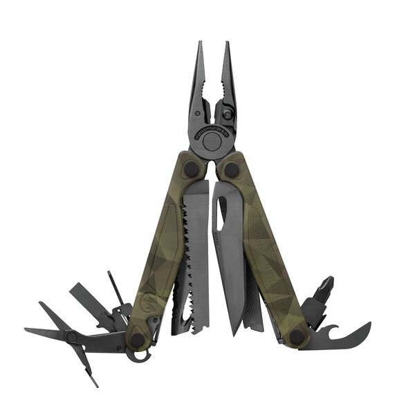 Leatherman Charge multi-tool, open view, forest camo, 19 tools