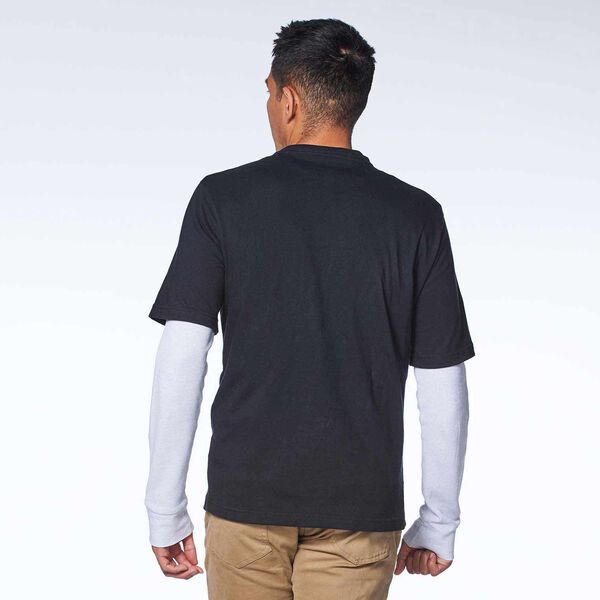 Black short sleeve T-Shirt with PST badge on a model back