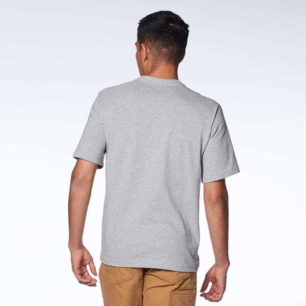 Gray short sleeve T-Shirt with heritage badge on a model back