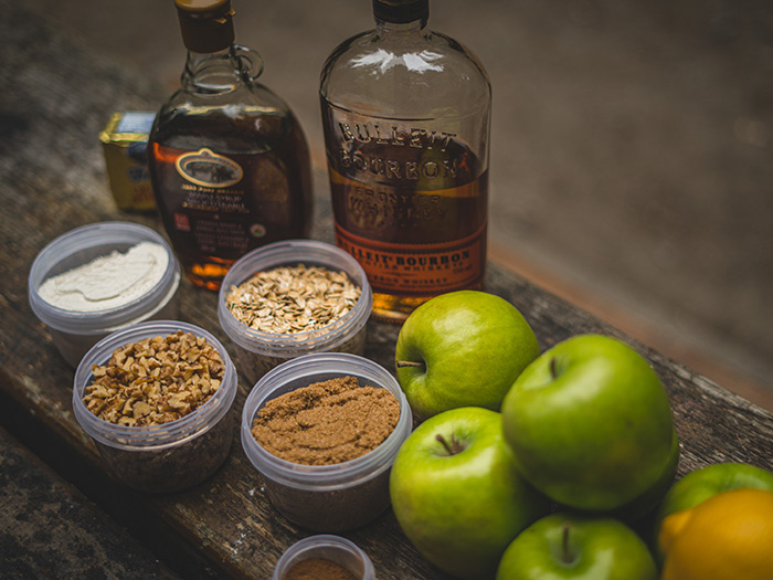 various ingredients you'll need to make a bourbon apple crumble