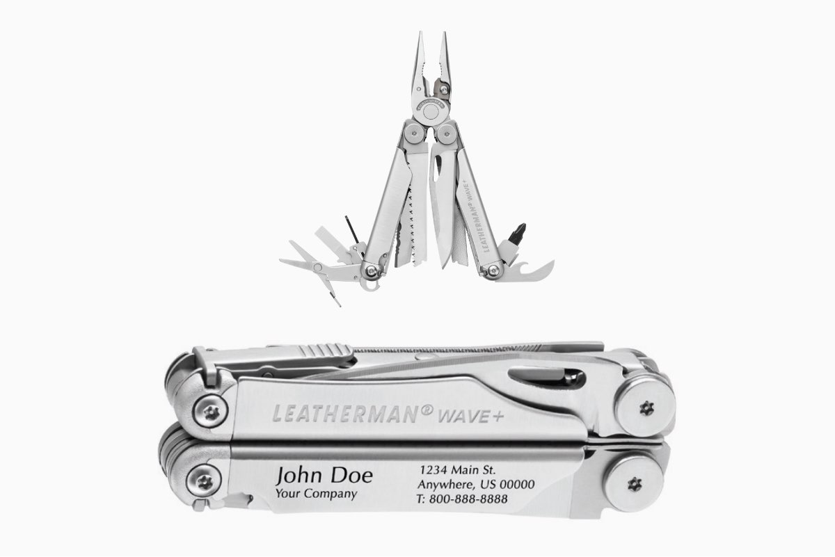 Leatherman Wave pliers-based multi-tool with your name and company engraved on one end of the handle and your address and contact details engraved on the other end of the handle