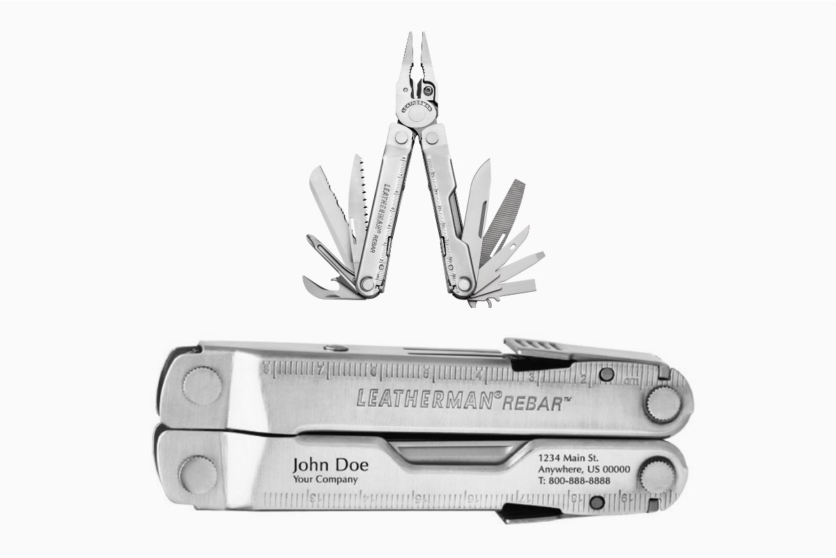 Leatherman Rebar pliers-based multi-tool with your name and company engraved on one end of the handle and your address and contact details engraved on the other end of the handle