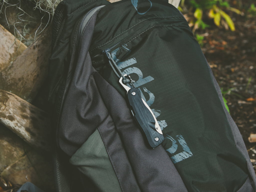 Leatherman Crater attached to backpack