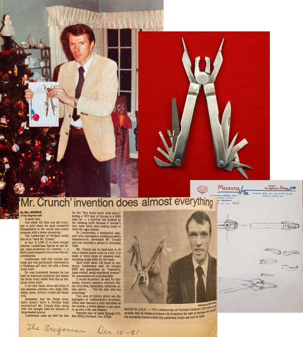 A newspaper clipping about Tim Leatherman's Mr. Crunch, and Tim Leatherman's original drawings and prototype for Mr. Crunch multi-tool.
