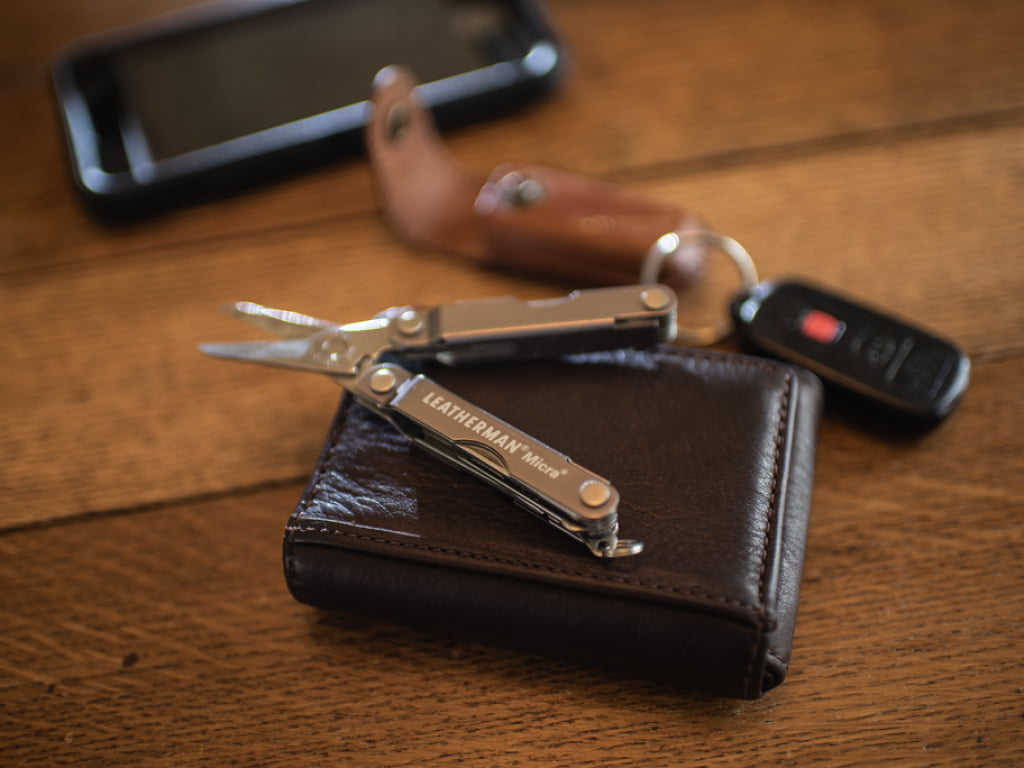 Leatherman Micra with wallet and keys