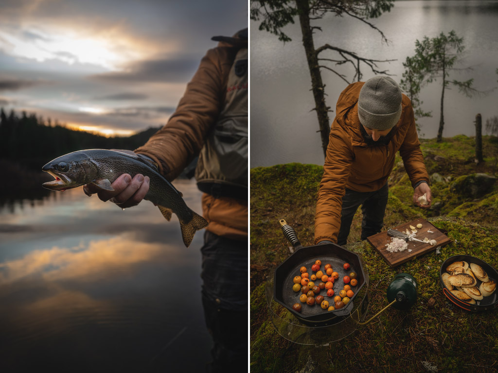 Fish in hand and cast iron set up on a camping stove