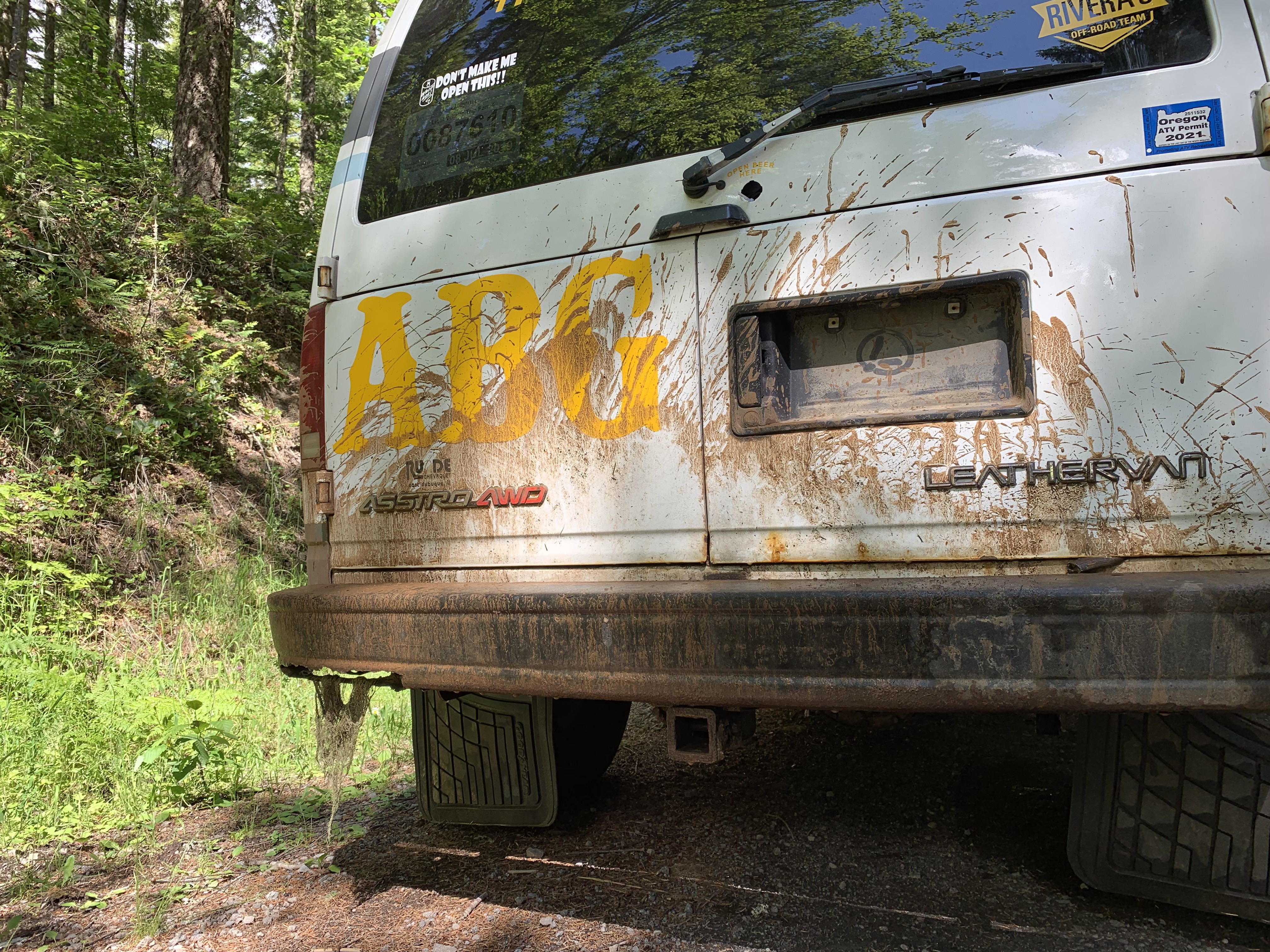 The Leatherman van covered in mud.