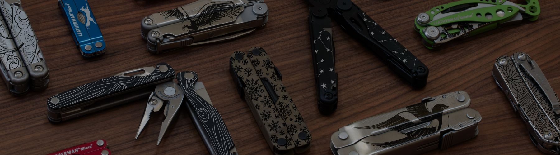Leatherman multi-tools customized with laser etched patterns, pictures, and messages.